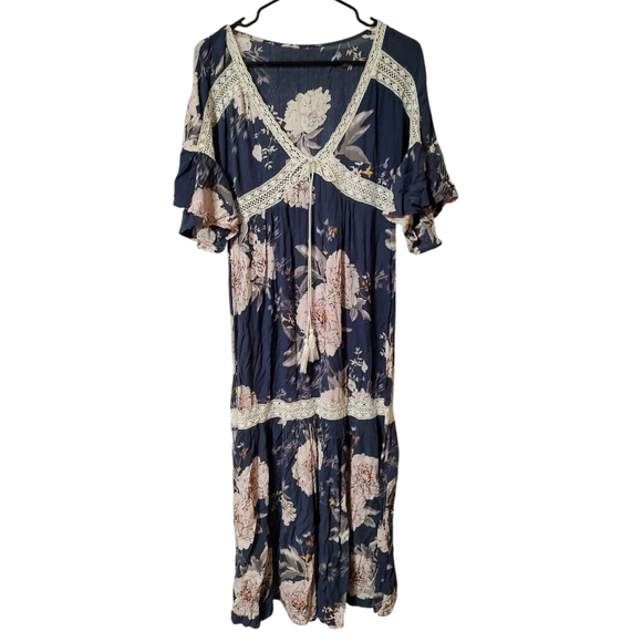 Umgee Blue Floral Tiered Maxi Dress with White Lace Trim - Picture 2 of 4